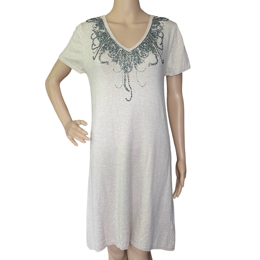 ETINCELLE S-M cashmere blend dress oatmeal ivory cream beaded  T3